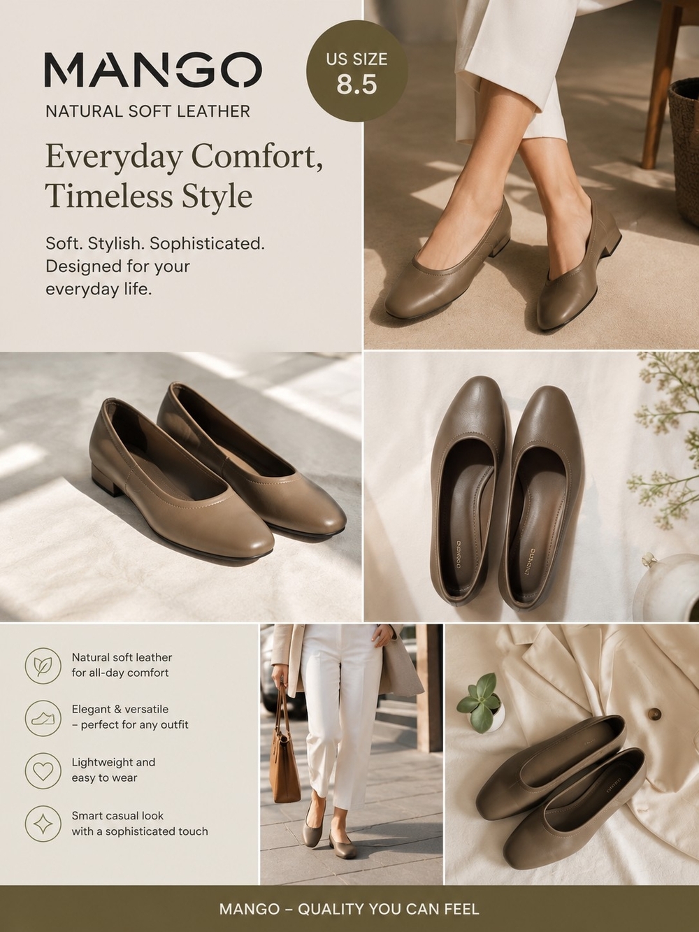Mango Taupe Leather Ballet Flats